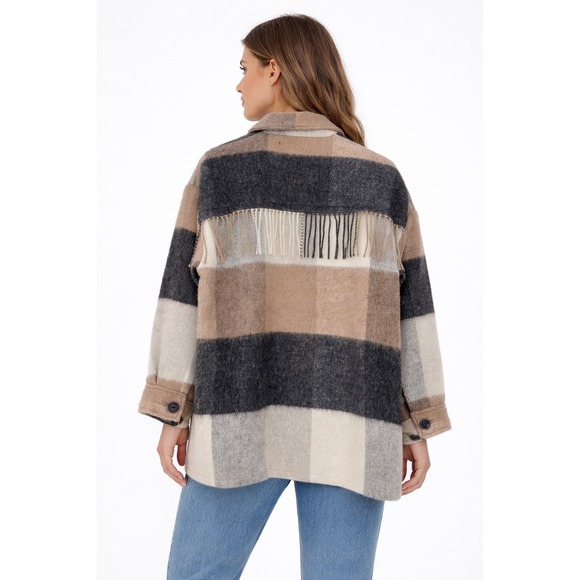 ZARA Oversized Plaid Shacket Jacket Size M Wool Blend Fringe Back Neutral Cozy - Picture 8 of 14